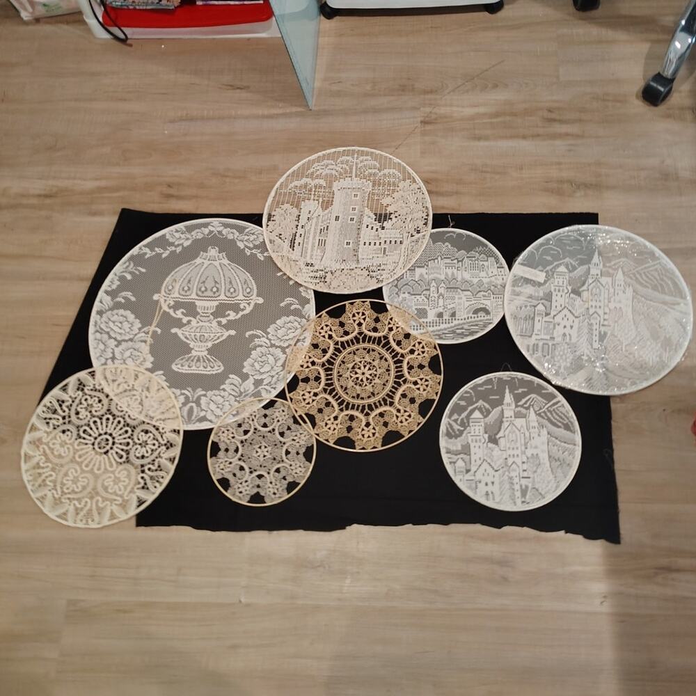 8 European Lace framed round wall hangings / castles and lace set
